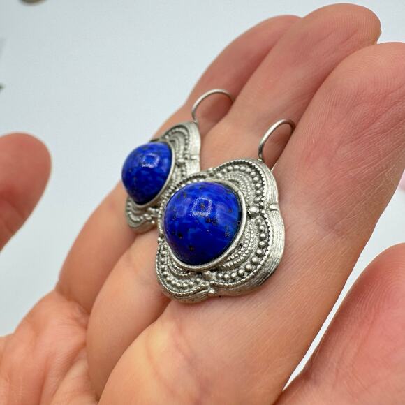 Vintage Blue Speckled Peking Glass Cabochon Earrings Etruscan Revival Bohemian - Picture 6 of 13